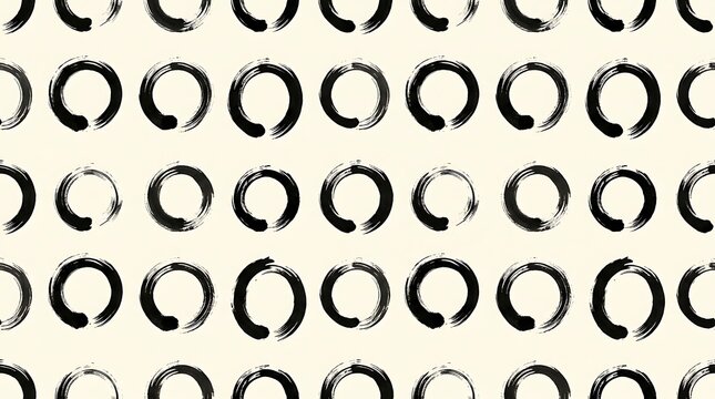 Seamless pattern of black ink brush stroke zen circles on beige