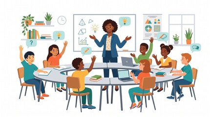 Fototapeta premium Diverse students and teacher in a modern classroom, flat vector illustration, educational concept. 