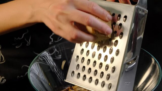 A person in dark patterned clothing grates a yellowish-brown root vegetable into a glass bowl using a metal grater in a kitchen, Cooking.