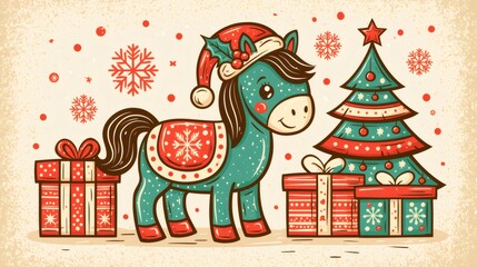 Fototapeta premium Cute christmas pony wearing santa hat with gifts and tree