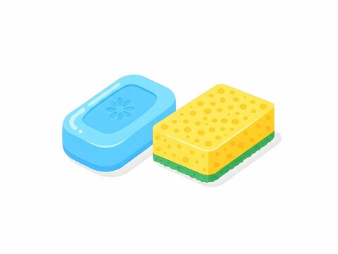 Isometric vector illustration of blue soap bar and yellow cleaning sponge