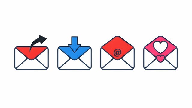 Set of email message icons featuring send, receive, email address, and love message envelopes