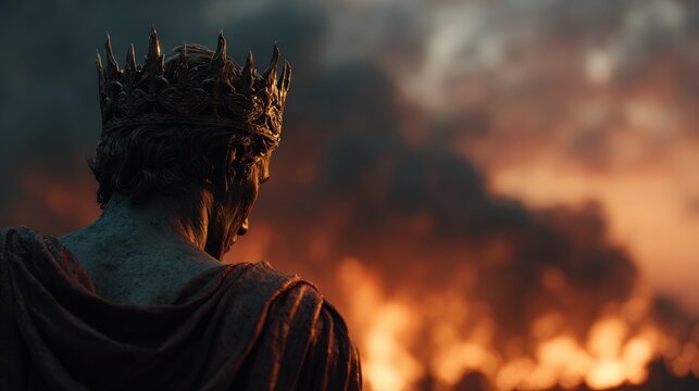Majestic King Overlooking a Fiery Horizon at Dusk with Crown