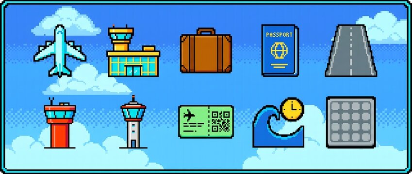 Pixel Art Airport Travel Icon Set with Plane, Passport and Ticket