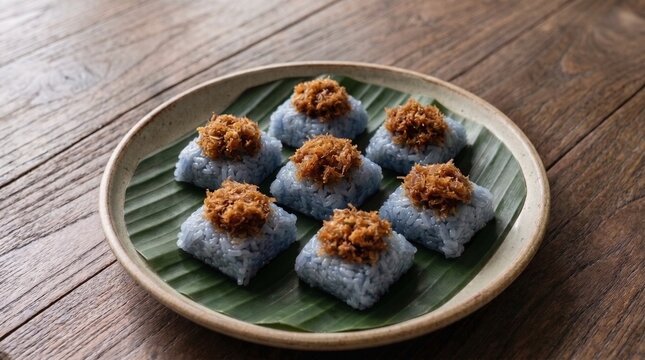 Blue pea glutinous sticky rice topped with sweet palm sugar coconut on banana leaf, Indonesian ketan unti telapa or Peranakan pulut tai tai.