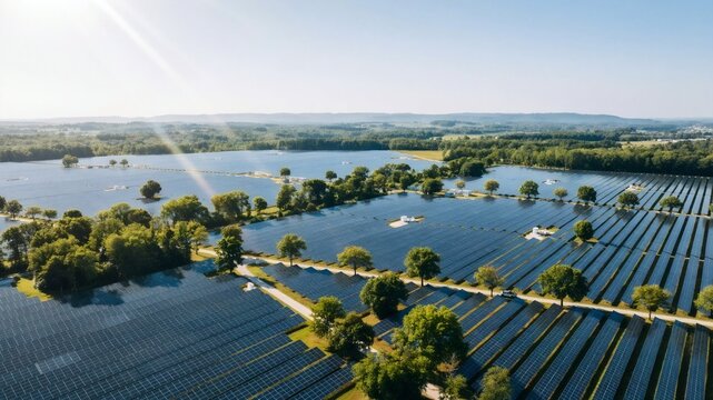 Aerial View of Solar Panel Farm in Green Landscape under Bright Sunlight; Renewable Clean Energy Photovoltaic Power Plant Station for Sustainability and Environmental Tech Infrastructure