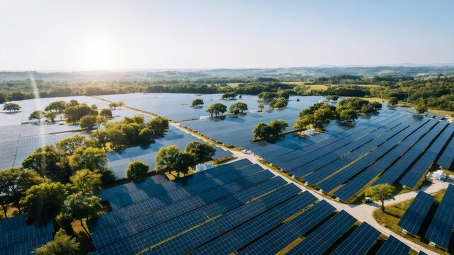 Aerial View of Solar Panel Farm in Green Landscape under Bright Sunlight; Renewable Clean Energy Photovoltaic Power Plant Station for Sustainability and Environmental Tech Infrastructure