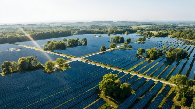 Aerial View of Solar Panel Farm in Green Landscape under Bright Sunlight; Renewable Clean Energy Photovoltaic Power Plant Station for Sustainability and Environmental Tech Infrastructure