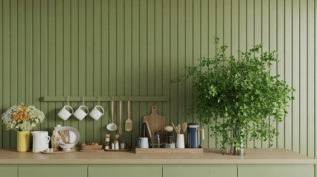 Modern kitchen interior with sage green slatted walls and wooden countertop with kitchenware.