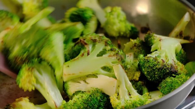 Close-up of cooked broccoli florets with charring in a metal bowl, pink spatula visible, during cooking preparation in a kitchen, Cooking location, daytime.