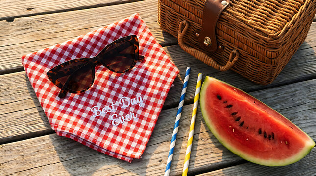Sunglasses Resting on Picnic Bandana with Best Day Ever Text, Watermelon Slice, Basket
