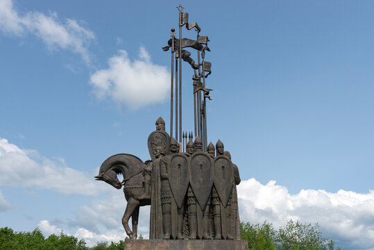 PSKOV, RUSSIA - JUNE 13, 2025: Ice Battle Memorial is close-up against a blue cloudy sky. Sokolikha Mountain, Pskov, Russia