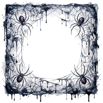Watercolor spider web square frame with black widow spiders and dripping ink, spooky Halloween border with copy space on paper texture, isolated illustration