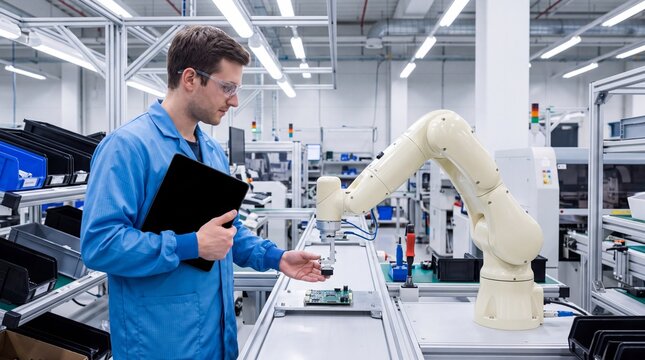 Manufacturing technician with tablet controls collaborative robot arm in smart factory