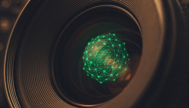 Camera lens encrypted close up green digital network glass technology security optical macro view of high end photographic equipment with glowing data pattern, dark ring, reflection, focus