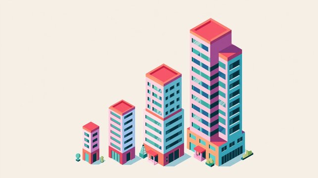 A colorful flat isometric vector depicting small, medium, and large company buildings symbolizing business growth and development in a modern minimalistic style.