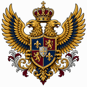 Intricate Heraldic Emblem Featuring a Two-Headed Eagle with a Crowned Shield, Symbolizing Power and Nobility, Adorned with Detailed Ornaments.