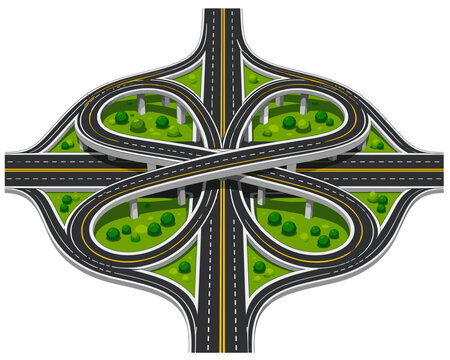 Complex Modern Highway Road Interchange Traffic Intersection with Overpasses and Underpasses, Multi-Level Roadway System Vector Illustration.