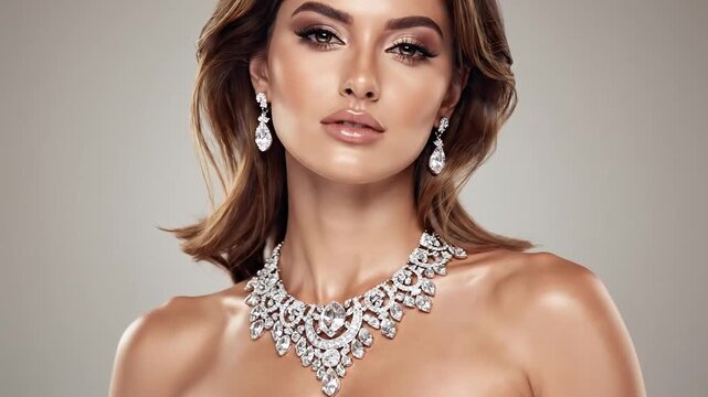 Elegant jewelry showcase featuring close-up shots of a woman adorned with stunning diamond necklace and matching earrings