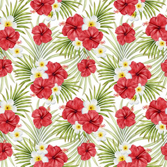 Red hibiscus flowers, white plumeria and palm leaves seamless tropical pattern. Hand painted botanical summer illustration for fabric, wallpaper, wrapping paper, packaging, stationery, swimwear and be © Alona