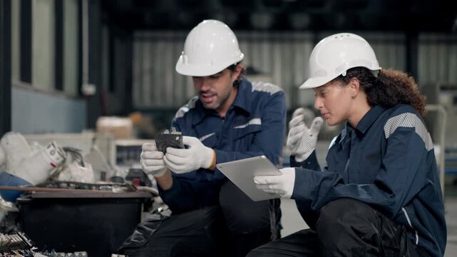 Environmental engineers sort electronic components and industrial scrap beside robotic machinery, using tablet data for waste management, responsible disposal, sustainability management.