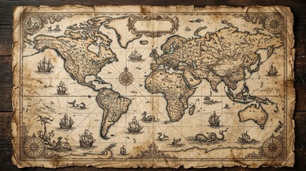 Fototapeta premium Vintage antique world map on aged parchment. Historical cartography illustration with sailing ships and continents.