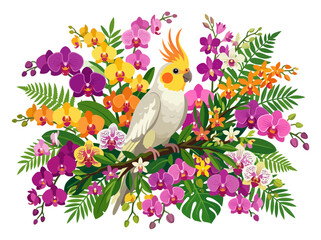 Naklejka premium A vibrant cockatiel perched amidst a lush arrangement of colorful tropical orchids and green foliage.
