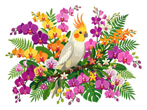 A vibrant cockatiel perched amidst a lush arrangement of colorful tropical orchids and green foliage.