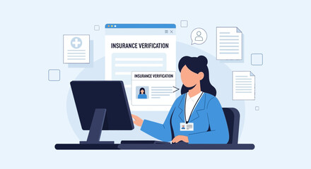 Fototapeta premium Healthcare professional verifying insurance information on computer for patient medical records