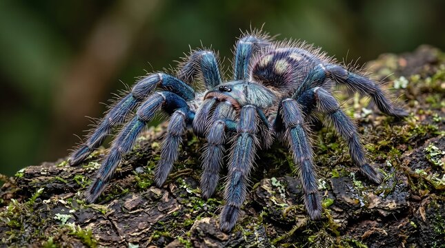 Blue tarantula spider on mossy tree bark