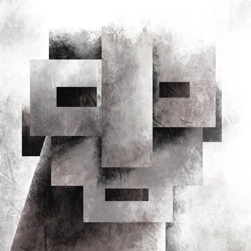Abstract human face created with geometric shapes and textured monochrome layers in a contemporary digital art style