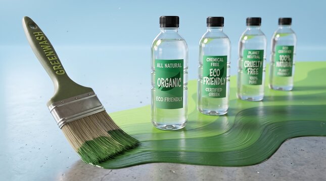 Paintbrush greenwashing bottles with eco friendly organic labels