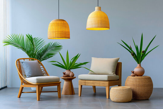 Modern interior design featuring rattan furniture, potted plants, and pendant lighting in a bright, minimalist living space with a serene ambiance