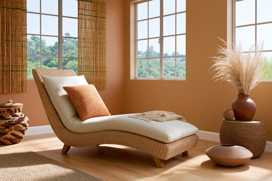 Modern lounge chair with cream upholstery and orange accent pillow positioned in a bright room featuring large windows and decorative vases on wooden floor