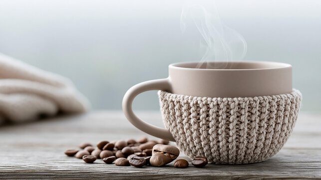 Coffee cup with knitted sleeve resting on wooden table, surrounded by coffee beans and a soft blanket, steam rising from the hot beverage in a cozy setting
