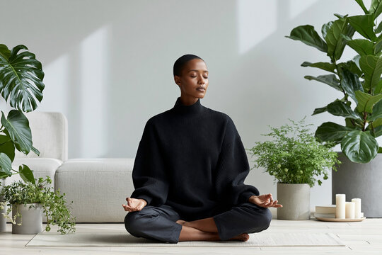 African woman meditating in a cozy indoor space surrounded by potted plants and a light-colored sofa, wearing a black oversized sweater and gray pants
