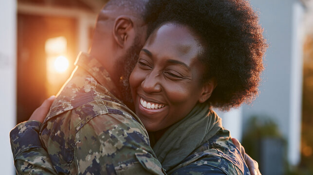 African American military man in camouflage uniform embraces smiling African American woman in outdoor setting during sunset, showcasing a moment of connection and warmth