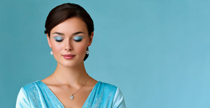 Young woman with dark hair wearing blue dress and earrings poses against a solid light blue background, showcasing elegant jewelry and makeup
