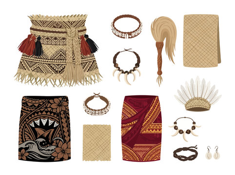 A collection of traditional Polynesian clothing and accessories including skirts necklaces and ceremonial items.
