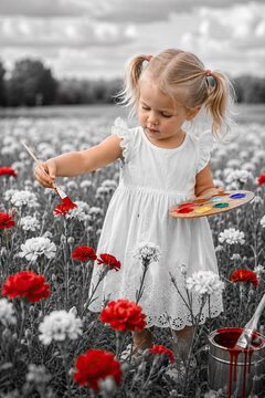 Child painting flowers red in grayscale field