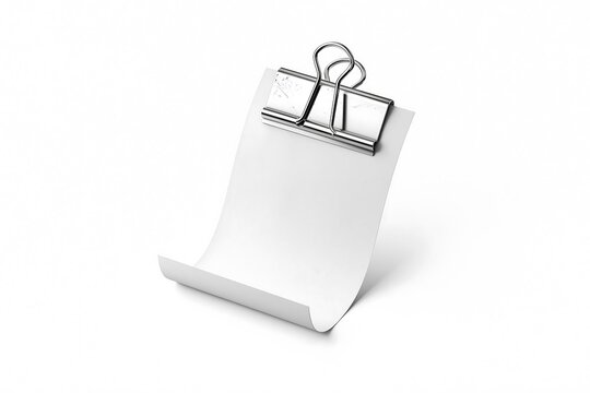 Blank paper sheet mockup clipped with metal binder clip isolated on white background