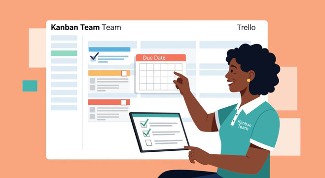 Kanban Board Management: Woman Using Trello for Project Tasks and Deadlines