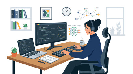Fototapeta premium Programmer Woman Working on Computer with Code and Neural Network Graphics