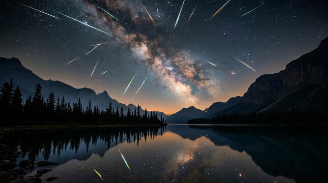 Meteor shower illuminates the night sky above a dark mountain range and a calm reflective lake.