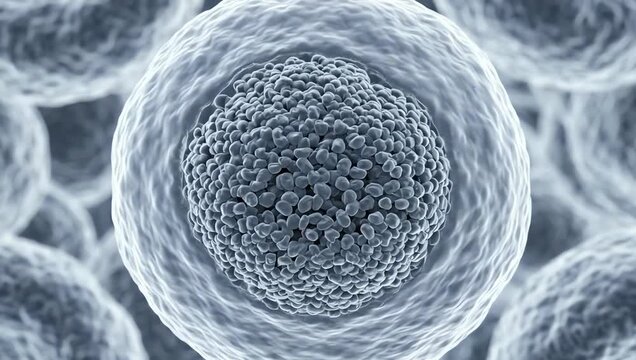 A single healthy cell beginning programmed apoptosis, the cell gradually shrinking while maintaining complete membrane integrity, chromatin inside the nucleus slowly becoming more condensed