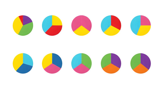 Collection of ten colorful segmented circular pie chart diagrams isolated on a white transparent background for business data visualization