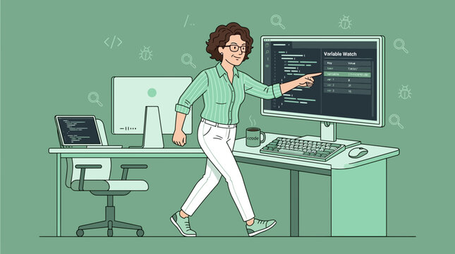 Female Coder Working on Computer, Debugging Software, Programming Concept