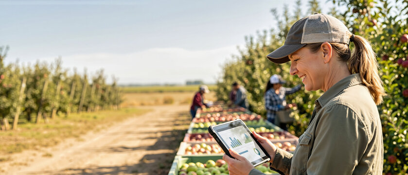 Smiling female orchard manager tracking harvest data on a digital tablet outdoors in an apple orchard. Female farmer inspecting fruit production with workers in background during harvest season