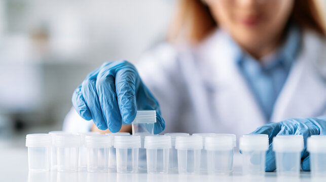 Medical laboratory technician handling sample tube in clinical laboratory with gloved hands and focused work