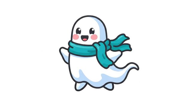 A charming hand-drawn style ghost character wearing a cozy teal scarf, floating and gently bobbing against a plain white background with a warm,